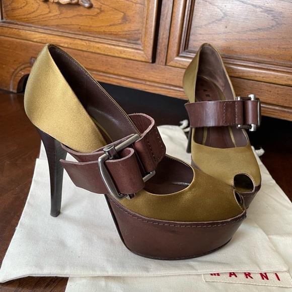 Marni Satin Platform Pumps Peep Toe Heels, 7 - Picture 3 of 12
